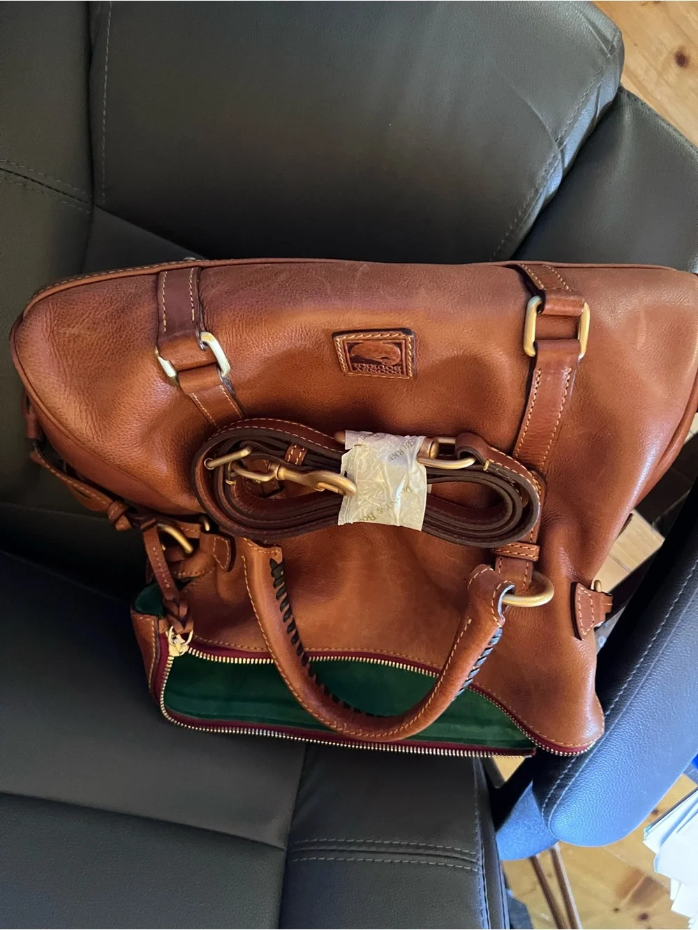 Dooney & Bourke Brown Leather Shoulder Bag with Green Suede Interior